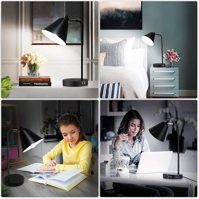 Industrial 3 Way Dimmable Touch Control Desk Lamp with 2 USB Ports & AC Outlet Bedside Nightstand Reading Lamp Flexible Head Farmhouse Black Table Lamp for Office Bedroom Living Room Bulb Included