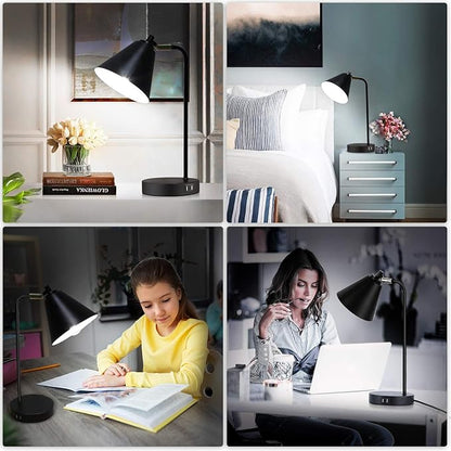 Industrial 3 Way Dimmable Touch Control Desk Lamp with 2 USB Ports & AC Outlet Bedside Nightstand Reading Lamp Flexible Head Farmhouse Black Table Lamp for Office Bedroom Living Room Bulb Included