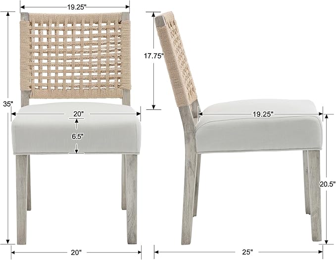 Kmax Farmhouse Dining Chairs Set of 4, Rustic Kitchen Chairs with Linen Fabric Seat and Woven Back, Vintage Accent Chairs for Dining Room, Living Room, Ivory