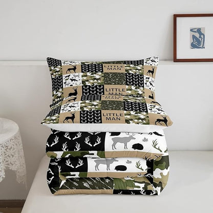Manfei Deer Antlers Animals Silhouette Comforter Set Full,Camo Geometric Checks Bedding Set 3pcs for Kids Adults Room Decor,Nordic Boho Arrow Quilt Set,Vintage Green Duvet Insert with 2 Pillowcases