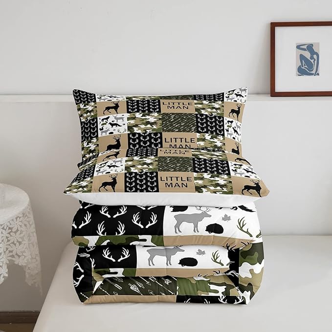Manfei Deer Antlers Animals Silhouette Comforter Set Twin,Camo Geometric Checks Bedding Set 2pcs for Kids Adults Room Decor,Nordic Boho Arrow Quilt Set,Vintage Green Duvet Insert with 1 Pillowcase