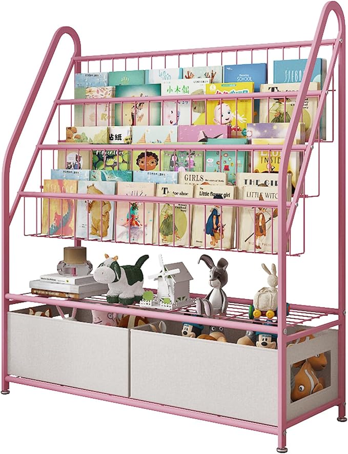 Kids Book Shelf with Storage 32inch, 5 Tier Freestanding Pink Bookshelf, Large Modern Minimalist Book Case With Toy Storage Organizer For Bedroom Study Room Playrooms Children Room KDSJ2305-Pink