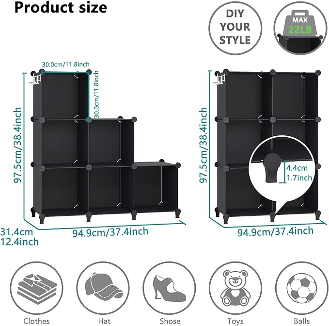6 Cubes Storage Organizer, Bookcase, Display Shelf with Wooden Mallet, Cabinet Storage for Kids, Adult, Office, Bedroom, Bathroom, Black