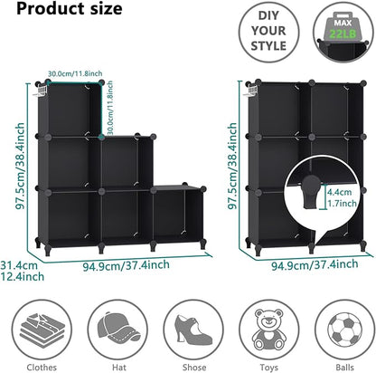 6 Cubes Storage Organizer, Bookcase, Display Shelf with Wooden Mallet, Cabinet Storage for Kids, Adult, Office, Bedroom, Bathroom, Black