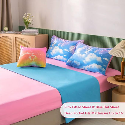 PERFEMET Twin Comforter Set for Girls, Corlofrul Rainbow Twin Size Bedding Set, 6Pcs Blue Sky and White Cloud Print Twin Size Bed in A Bag with Comforter and Sheets