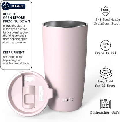 TILUCK 20 oz Insulated Coffee Tumbler with BPA-Free Lid | Travel Coffee Mug, Dishwasher Safe, Cup Holder Friendly, Double-Wall Vacuum Insulation for Hot & Cold Drinks, Matte LightPink