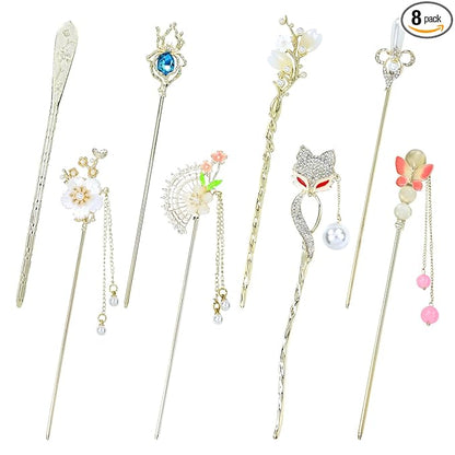 inSowni 8 Pieces Retro Vintage Asian Japanese Chinese Hanfu Rhinestone Gold Metal Flower Hair Sticks with Flower Pearl Crystal Fox Butterfly Hair Pins Forks Chopsticks Bun Updo Holders for Women Girls