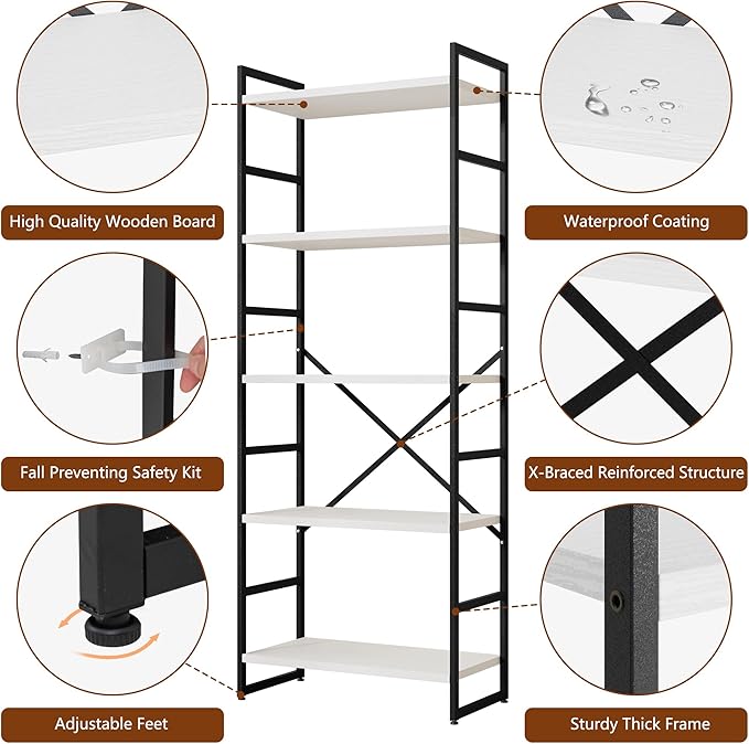 Shintenchi 2 Pieces 5 Tiers Bookshelf, Classically Tall Bookcase Shelf, Industrial Book Rack, Modern Book Holder in Bedroom/Living Room/Home/Office, Storage Rack Shelves for Books/Movies-White