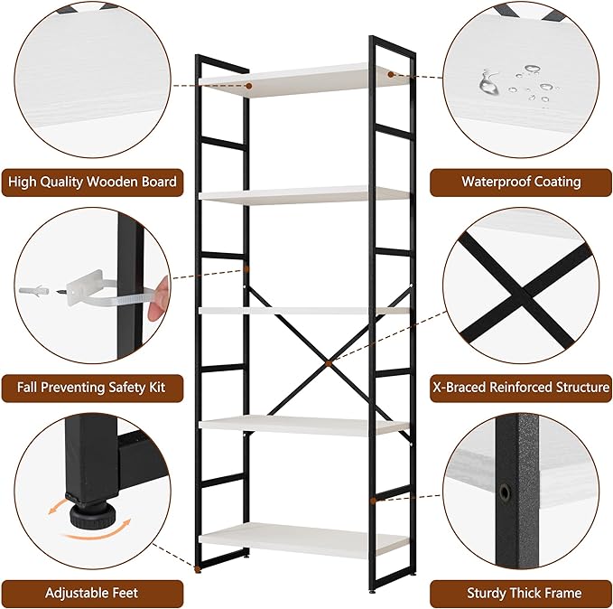 Shintenchi 2 Pieces 5 Tiers Bookshelf, Classically Tall Bookcase Shelf, Industrial Book Rack, Modern Book Holder in Bedroom/Living Room/Home/Office, Storage Rack Shelves for Books/Movies-White