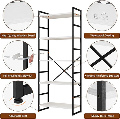 Shintenchi 2 Pieces 5 Tiers Bookshelf, Classically Tall Bookcase Shelf, Industrial Book Rack, Modern Book Holder in Bedroom/Living Room/Home/Office, Storage Rack Shelves for Books/Movies-White