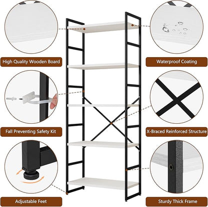 Shintenchi 5 Tiers Bookshelf, Classically Tall Bookcase Shelf,Industrial Book Rack,Modern Book Holder in Bedroom/Living Room/Office, Storage Rack Shelves for Books/Movies,11.8" Dx23.6 Wx62.2 H,White