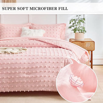 7 Pieces Tufted Dots Bed in a Bag King Comforter Set with Sheets Pink , Soft and Embroidery Shabby Chic Boho Comforters, Solid Color with Pom Pom Design, Jacquard Tufts Bedding Set for All Season