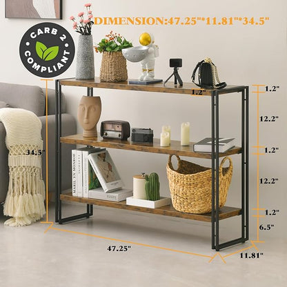 HCHQHS 3-Tier Rustic Wood and Metal Industrial Bookshelf for Home Office, Bedroom, Kitchen, Bathroom - 47in