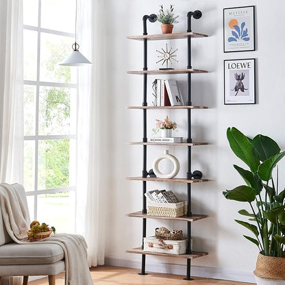HOMBAZAAR Industrial Bookshelf, 7-Tier Industrial Pipe Bookshelf, Wall Mounted Ladder Shelves with Metal Frame for Home Office, Living Room, Oak Brown