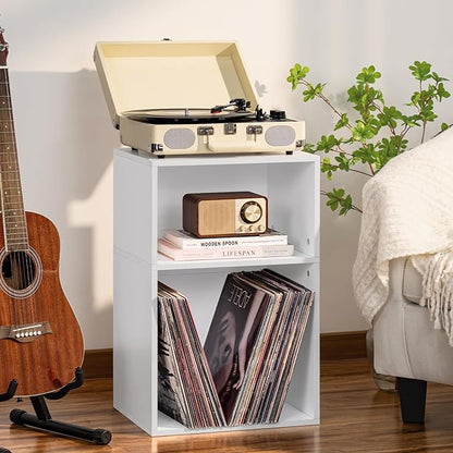 YAHARBO 2 Cube Bookshelf, White Record Player Stand with Vinyl Storage Up to 100 Albums, Horizontal Low Book Shelf, Mini Bookcase with Storage Organizer, Small Turntable Stand for Living Room, Bedroom