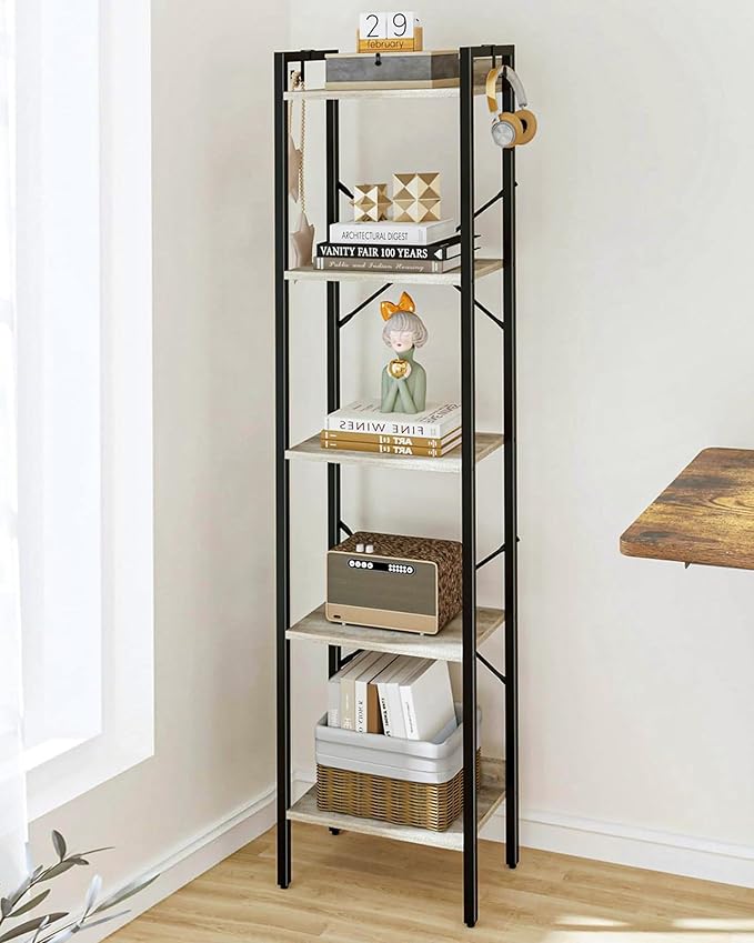 Bookshelf, Book Shelf, Industrial Bookcase with 2 Hooks, Coner Shelf Storage Organizer for Home Office, Living Room, Bedroom, Kitchen, 5-Tier Greige BC10505B