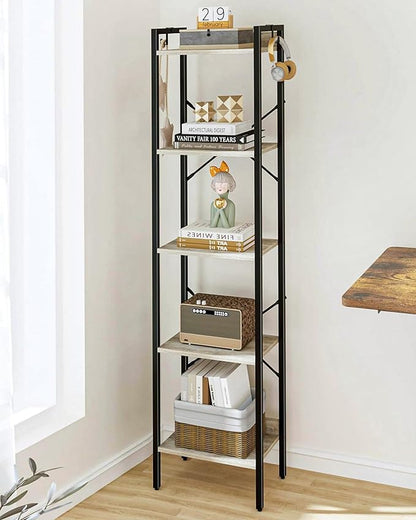 Bookshelf, Book Shelf, Industrial Bookcase with 2 Hooks, Coner Shelf Storage Organizer for Home Office, Living Room, Bedroom, Kitchen, 5-Tier Greige BC10505B
