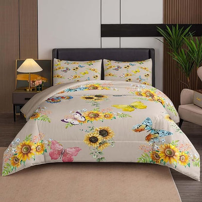 Tailor Shop Sunflower Comforter Sets King Size,Sunflower Bedding Sets for Teens Kids Butterflies Comforter Sets,Butterfly Bedding Sets Vintage Yellow Flowers Bedding Sets with 2 Pillowcases