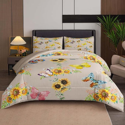 Tailor Shop Sunflower Comforter Sets Queen Size,Sunflower Bedding Sets for Teens Kids Butterflies Comforter Sets,Butterfly Bedding Sets Vintage Yellow Flowers Bedding Sets with 2 Pillowcases