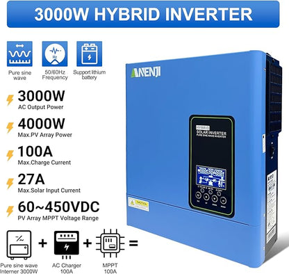 3000W Hybrid Solar Inverter 24V DC to 110V AC, Pure Sine Wave, Built-in 100A MPPT Controller, 98% Efficiency, Solar & Generator Input, Dustproof, for Home Backup RV Off-Grid