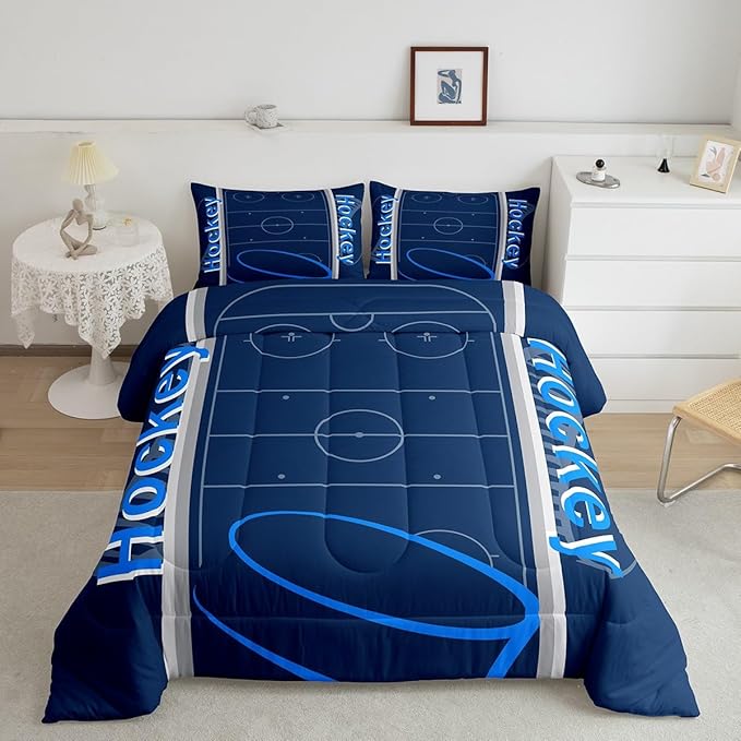 Feelyou Kids Hockey Player Comforter Set Full Size Ice Hockey Bedding Set for Boys Girls Teens Bedroom Decor Ice Sports Games Comforter Puck Hockey Duvet Set with 2 Pillow Case