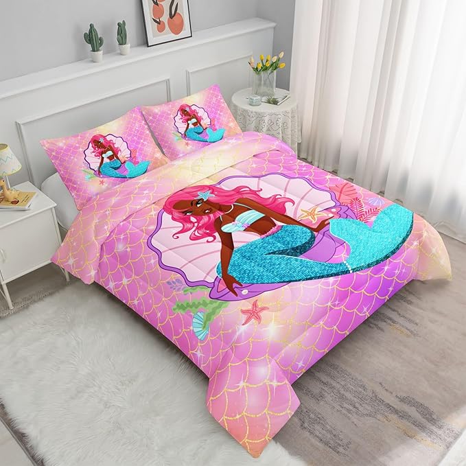 Datura home Bedding Comforter Set Black Girl Magic Mermaid Printed Pattern Quilt with 1 and 2 Pillowcases for Girls Bedroom All Season(Black Pink Queen) Queen 90x90inches