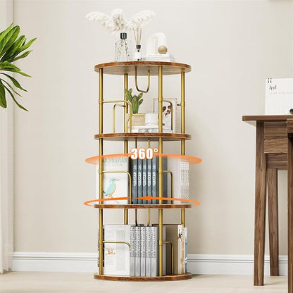 Rotating Bookshelf, 3 Tier Round Revolving Bookcase with Special Visible Partition Storage, 360° Display Spinning Bookshelf Tower Storage Organizer Rack for Bedroom, Living Room, Small Space, Gold