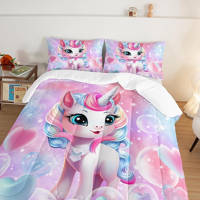 HOSIMA Unicorn Twin Bedding Sets for Girls Teens,Cartoon Kawaii Unicorn Comforter Bubble and Love Heart Bedding Set,Fantasy Unicorn Bedroom Decor for Girls Pink Purple Comforter with 2 Pillowcases.