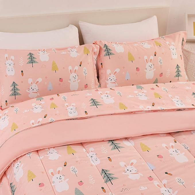 Pink Bunny Kids Comforter Set for Girls Full Size, Cute Reversible Quilted Printed Woodland Bedding Set with Pillow Sham, Lightweight Soft Breathable Machine Washable Bed Set 3 Piece