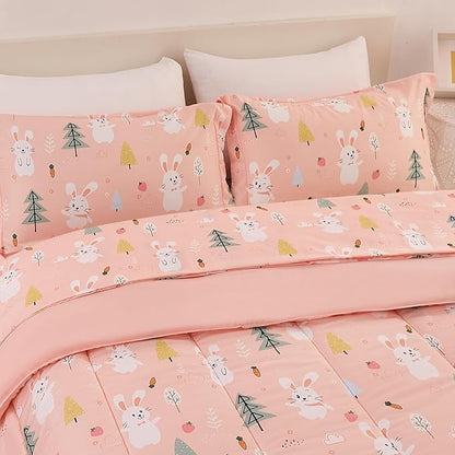 Pink Bunny Kids Comforter Set for Girls Full Size, Cute Reversible Quilted Printed Woodland Bedding Set with Pillow Sham, Lightweight Soft Breathable Machine Washable Bed Set 3 Piece