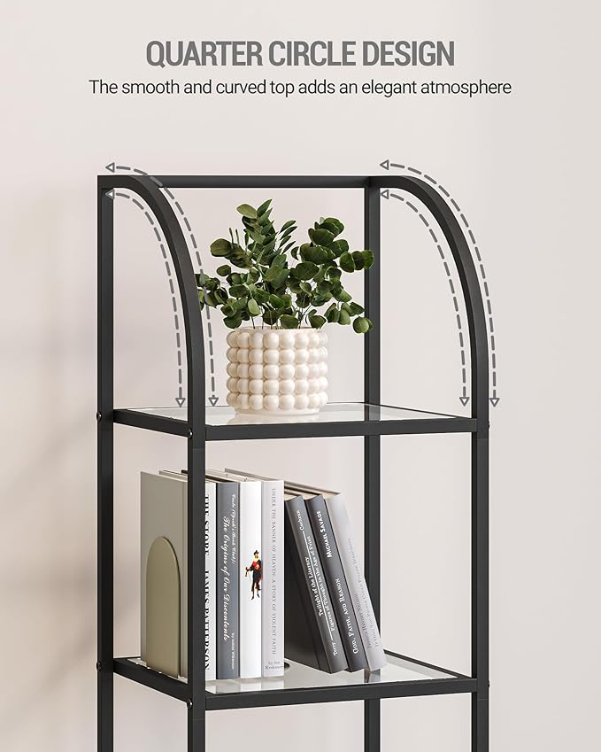 Bookcase Bookshelf, Tempered Glass Arched Bookshelf for More Storage, Slim Shelving Unit for Bedroom, Bathroom, Home Office, Steel Frame, 4 Tier Black BC20499B