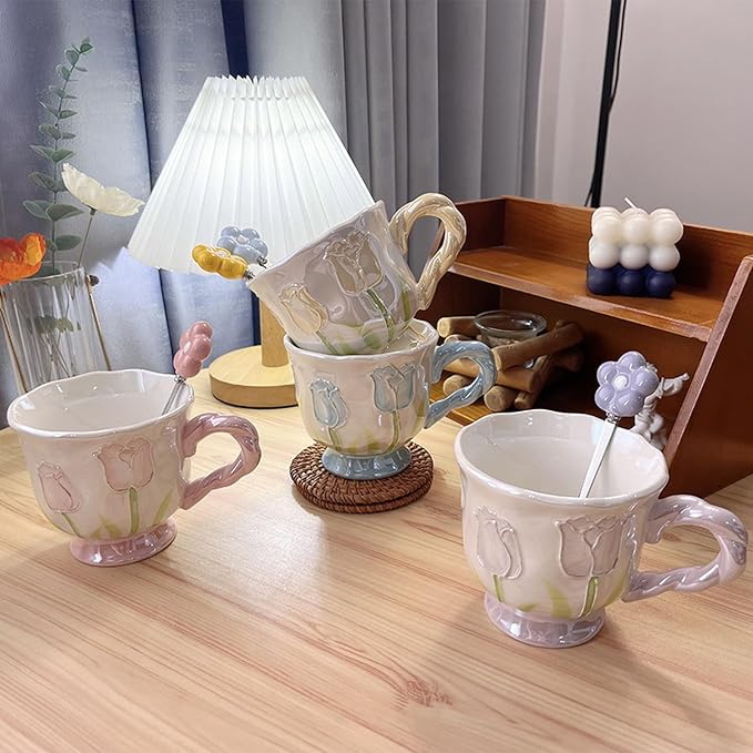Ceramic Coffee MugEspresso Cup 14oz Pink Cute Flower withSpoon | novelty coffee mug，Glazed Ceramic Smooth Glossy Surface Lead ，Comes with Matching Spoon ，cute mugs for women