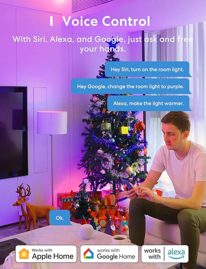 meross Smart Light Bulb, Smart WiFi LED Bulbs Compatible with Apple HomeKit, Siri, Alexa, Google Assistant and SmartThings, Dimmable E26 Multicolor 2700K-6500K RGB, 810 Lumens 60W Equivalent
