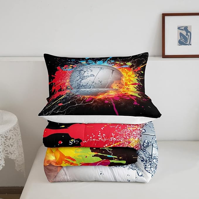 Erosebridal Kids Volleyball Comforter Set for Teen Girls Boys Volleyball Bedding Set King Grunge Hippie Tie Dye Bedding Comforter Red Blue Fire Water Lightning Quilt Duvet Insert 2 Pillow Cases