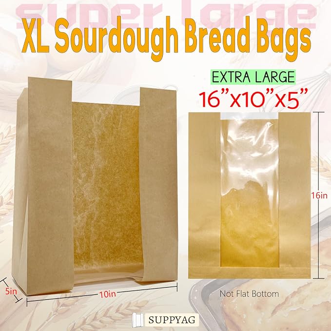Extra Large Paper Bread Bags for Homemade Bread with Window & Sticker for XL Sourdough Breads, Round Loaf, Baked Goods, Oval Loaves, Brown Kraft - 20 Pcs 16x10x5 Inch