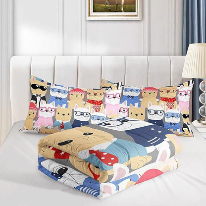Datura home Dog Comforter Beddding Set for Kids Children,Puppy Pug Cute Dog Pattern Cartoon Career Pet Bedding Set with 1 Comforter and 2 Pillowcases(Dog Full)