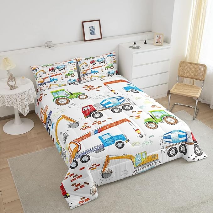 Boys Excavator Bedding Set Construction Vehicles Comforter Set for Kids Girls Watercolor Tractor Crane Truck Comforter Colorful Design Quilt Room 3Pcs Full Size Boys