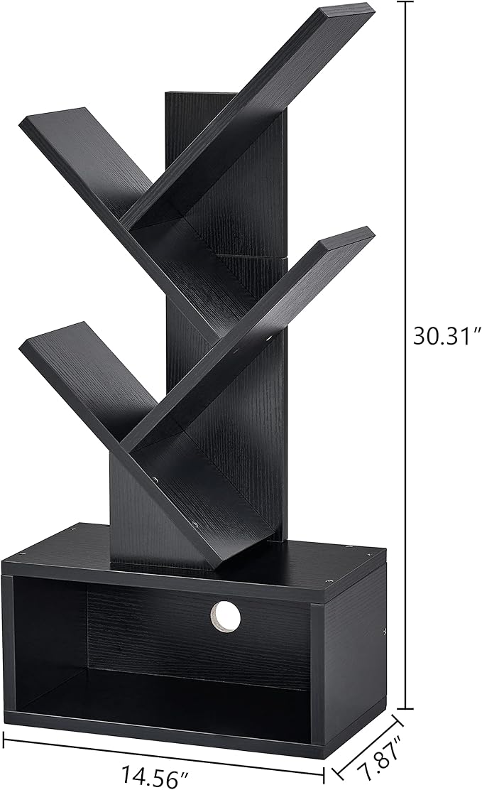 Hoctieon 3 Tier Tree Bookshelf, Small Bookcase with Drawer, Desktop Book Shelf, Display Floor Standing Storage Shelf, Book Organizer Shelves for Home Office, Black