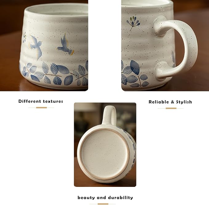 Ceramic Coffee Mug, 13oz Floral Design Pottery cute mugs, Ideal Gift for Women unique vintage pretty coffee mugs (Swallow Mug)