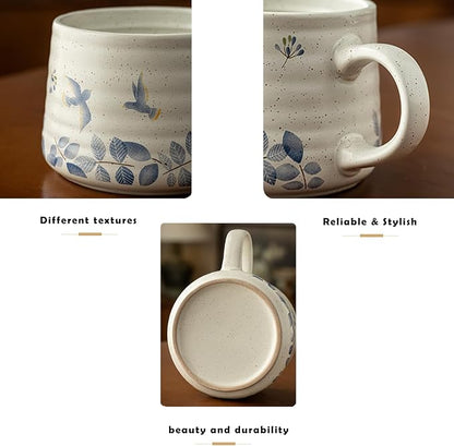 Ceramic Coffee Mug, 13oz Floral Design Pottery cute mugs, Ideal Gift for Women unique vintage pretty coffee mugs (Swallow Mug)