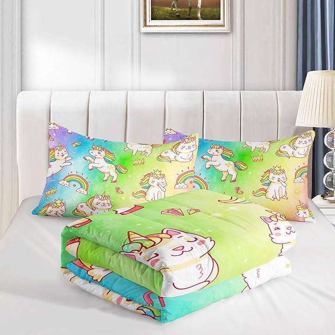 Datura home Kids Unicorn Comforter Set for Girls Boys,Kawaii Rainbow Unicorn Printed Pattern Rainbow Kawaii Bedding Set with 2 Pillowcases(Rainbow Unicorn Twin)