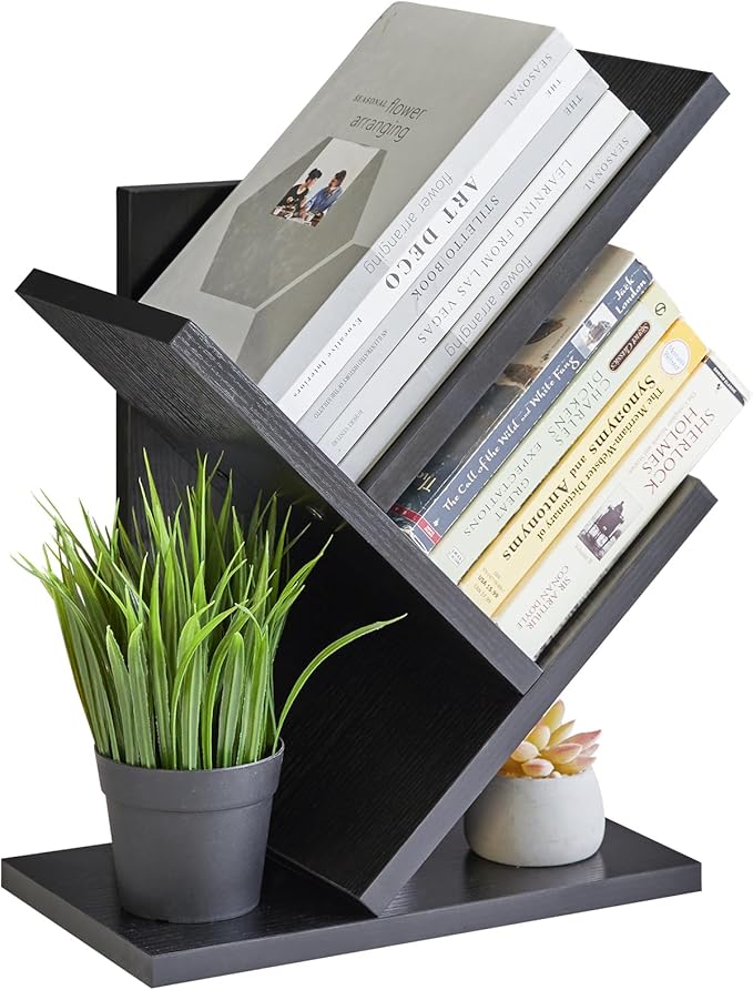 YMYNY 2 Tier Tree Bookshelf, Small Bookcase, Modern Wood Book Storage Rack Organizer, Freestanding Book shelf for Books/Movies/CDs, Display Rack for Bedroom, Home Office, Black UHBC012B