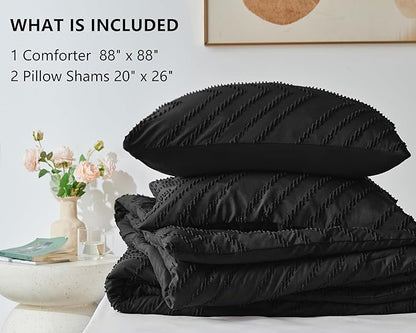 CozyLux Queen Comforter Set Black - 3 Pieces Black Boho Tufted Shabby Chic Bedding Comforter Set for All Seasons, Chevron Bedding Sets with Comforter & 2 Pillow Shams