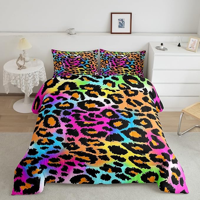 Leopard Print Comforter Set for Girls Kids Women Neon Rainbow Leopard Fur Bedding Set Mottled Exotic Panthera Skin Comforter Room Decor Colorful Camouflage Safari Theme Duvet Set Twin Size Quilt Set