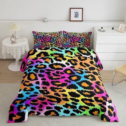 Leopard Print Comforter Set for Girls Kids Women Neon Rainbow Leopard Fur Bedding Set Mottled Exotic Panthera Skin Comforter Room Decor Colorful Camouflage Safari Theme Duvet Set Twin Size Quilt Set