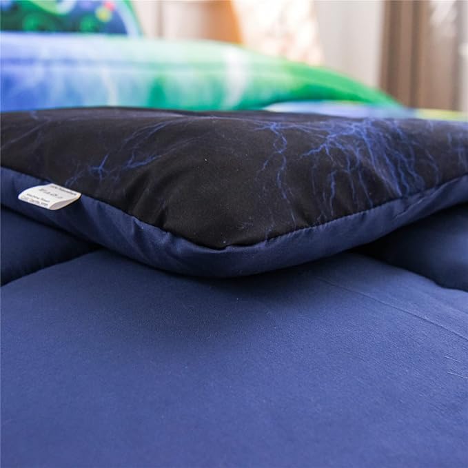 Meeting Story Gamer Gaming Bedding Sets Red Blue Lightnings Gamepad Comforter Set for Boys Games Console Action Buttons Novelty Colorful Modern Room Decor Home Quilt Set (Blue-Green, Queen)