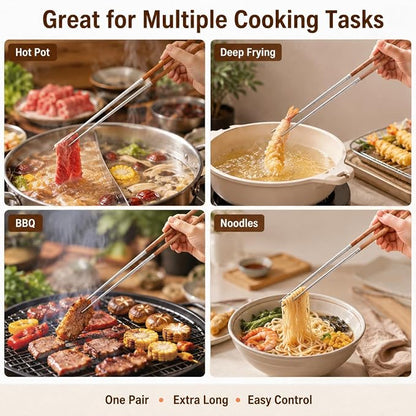 Kichvoe 15.75 Inch Long Cooking Chopsticks, Stainless Steel with Wooden Handle, Non-Slip Utensil for Chinese Cooking, Hot Pot, BBQ, Noodles and Deep Frying, 1 Pair
