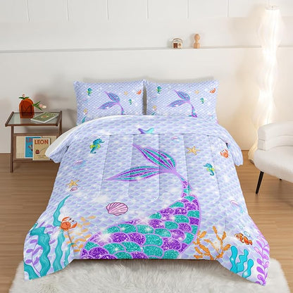 HOSIMA Mermaid Tail Comforter Set 3Pcs with 2 Pillowcases,Purple Fish Scales Bedding Set for Girls Kids Women,Cartoon Ocean Life Sea Animal King Size Comforter Set Mermaid Room Decor