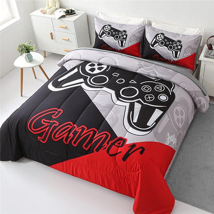 KAKKI 4 Piece Boys Twin Gamer Comforter Set with Sheets, 3D Colorful Video Game Controller Comforter for Kids Teen, All Season Soft Microfiber Gaming Bedding Set(Red,Twin)