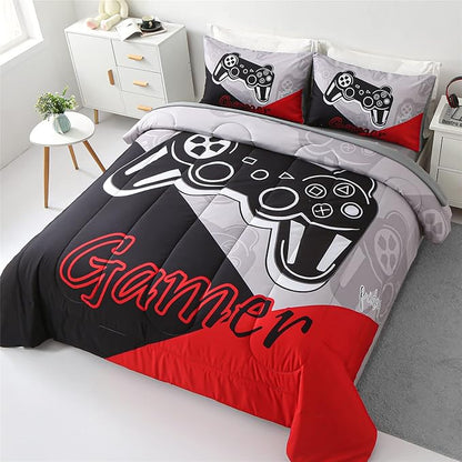 KAKKI 5 Piece Boys Queen Gamer Comforter Set with Sheets, 3D Colorful Video Game Controller Comforter for Kids Teen, All Season Soft Microfiber Gaming Bedding Set(Red,Queen)